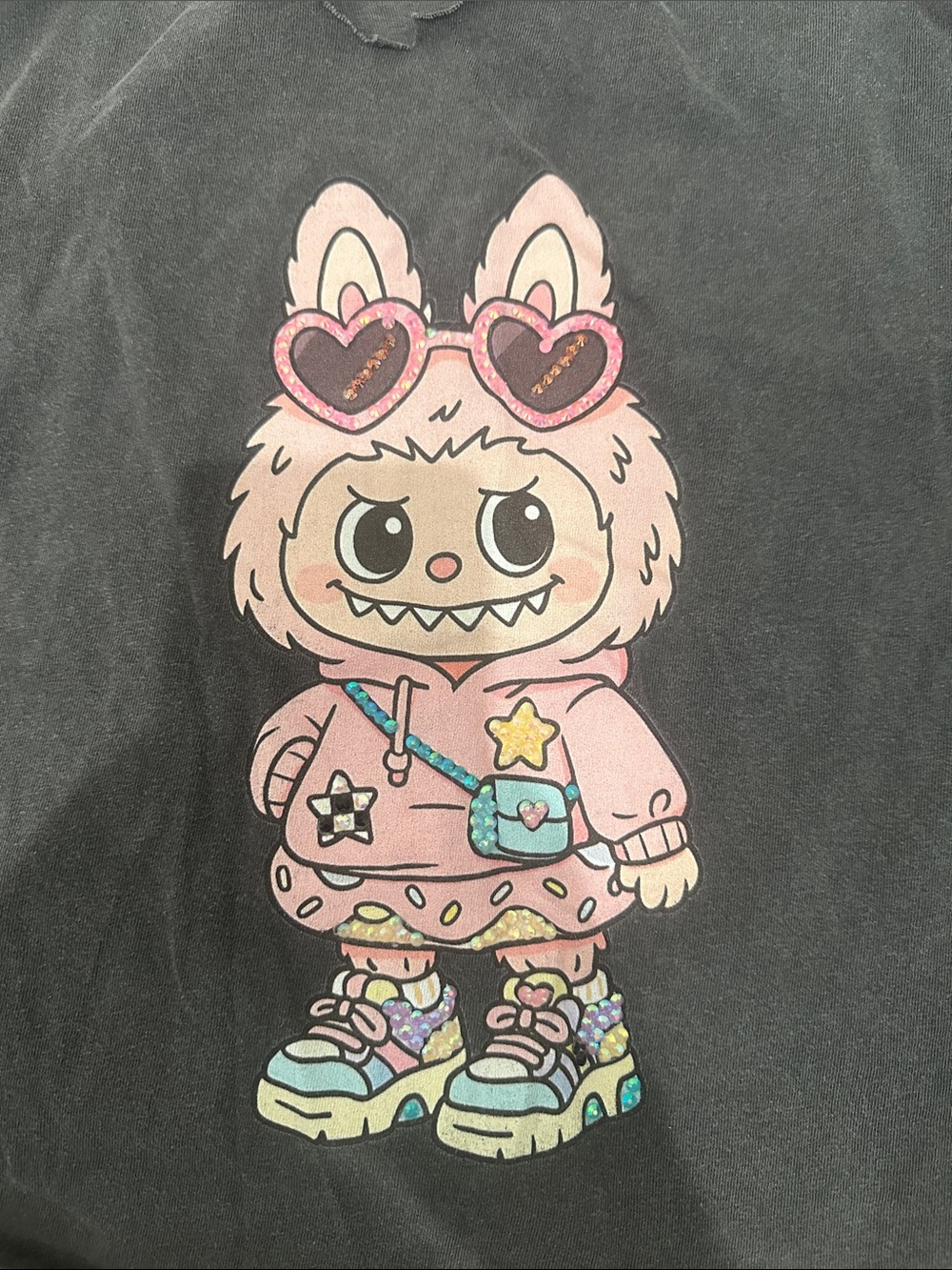 Graphic Tee with Labubu Character Print - Gray